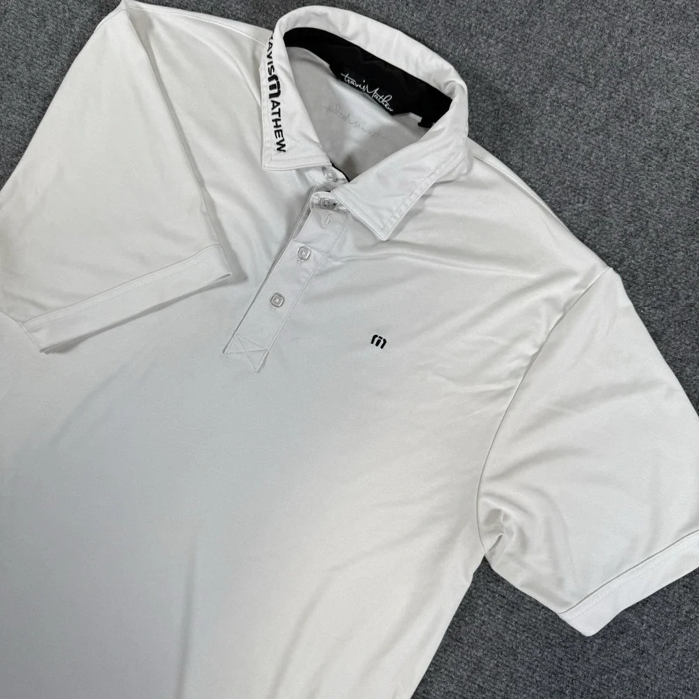 Travis Mathew Polo Shirt Mens Large White‎ PGA Tour Logo Golf Performance
